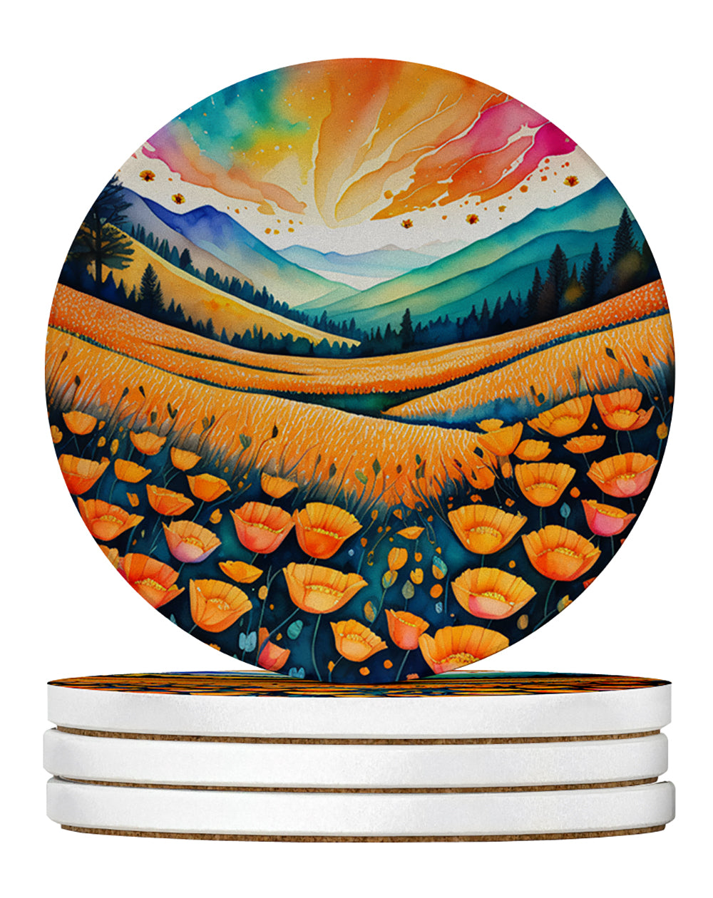 Colorful California poppies Large Sandstone Coasters Pack of 4 Absorbent Round Coasters Decor Gifts for Men or Women, 4 in, Multicolor