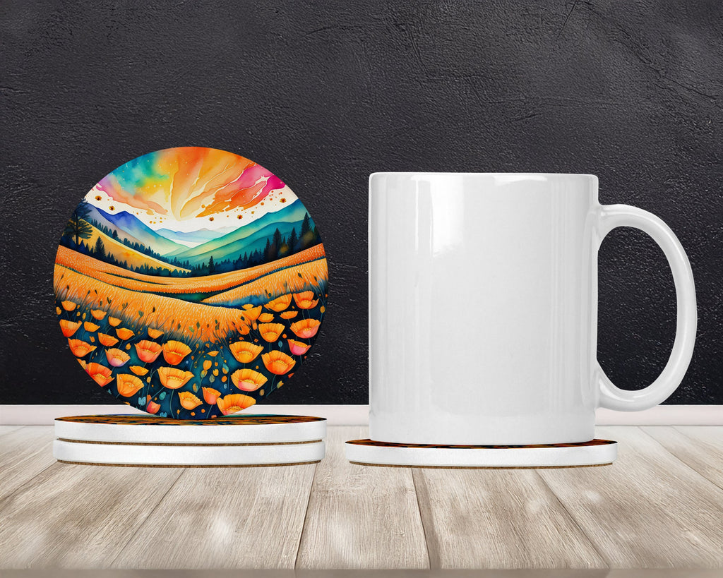 Colorful California poppies Large Sandstone Coasters Pack of 4 Absorbent Round Coasters Decor Gifts for Men or Women, 4 in, Multicolor