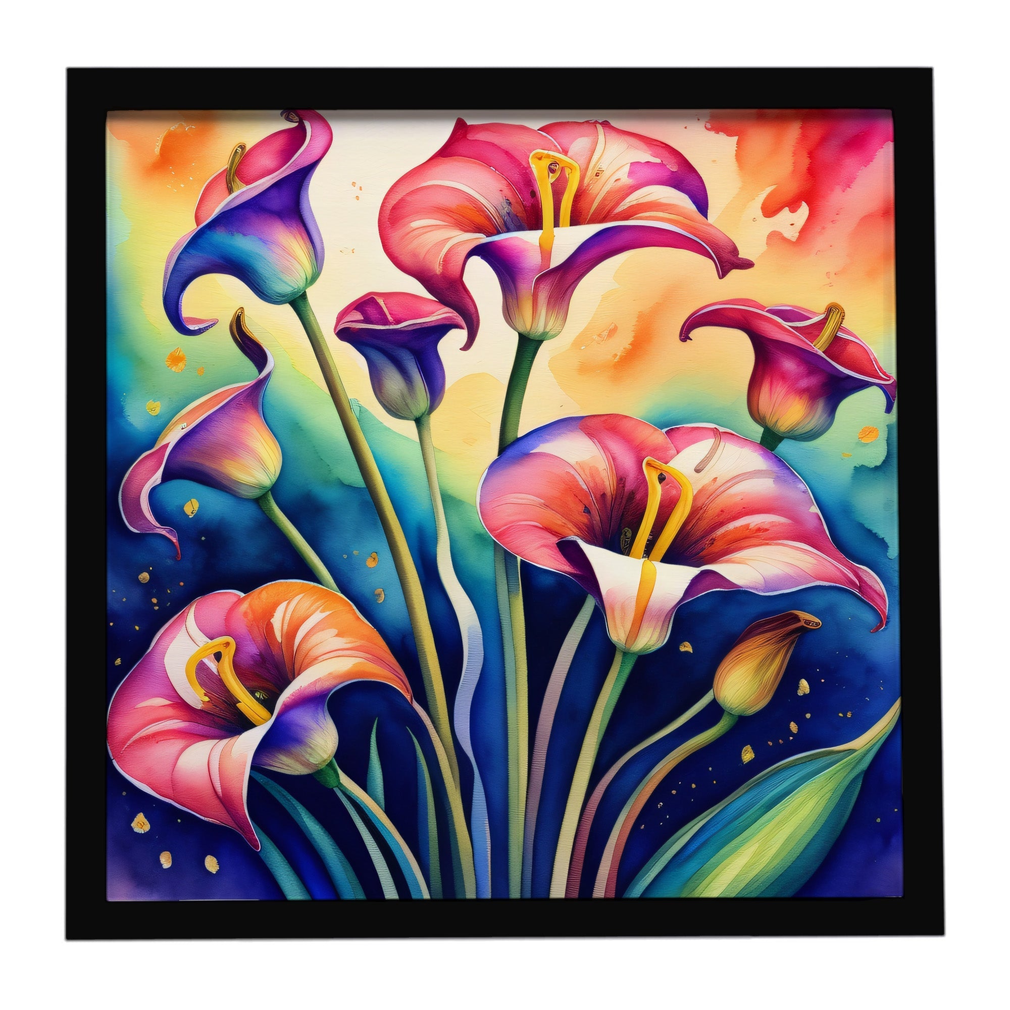 Colorful Calla Lilies Framed Metal Print Bathroom, Kitchen, Office, Home Decor Wall Art Ready to Hang, Square, 8X8