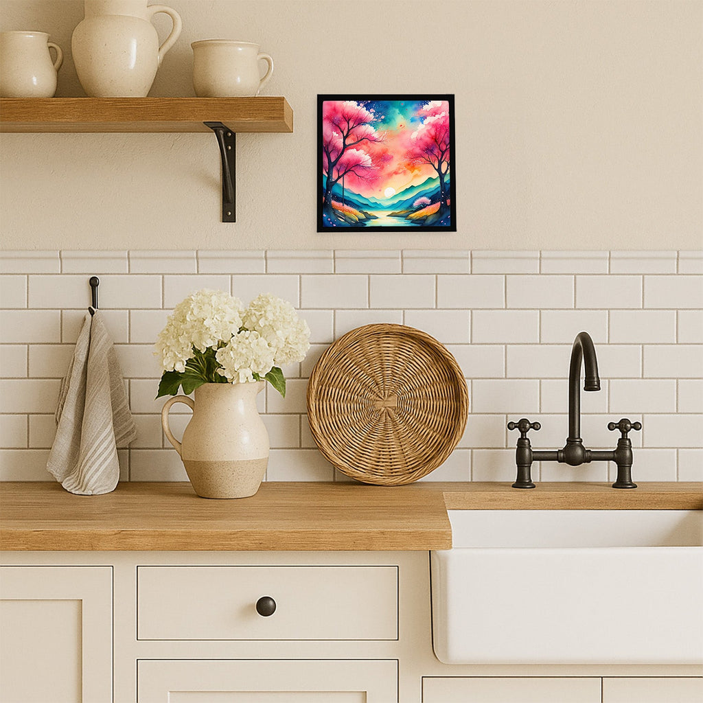 Colorful Cherry Blossoms Framed Metal Print Bathroom, Kitchen, Office, Home Decor Wall Art Ready to Hang, Square, 8X8