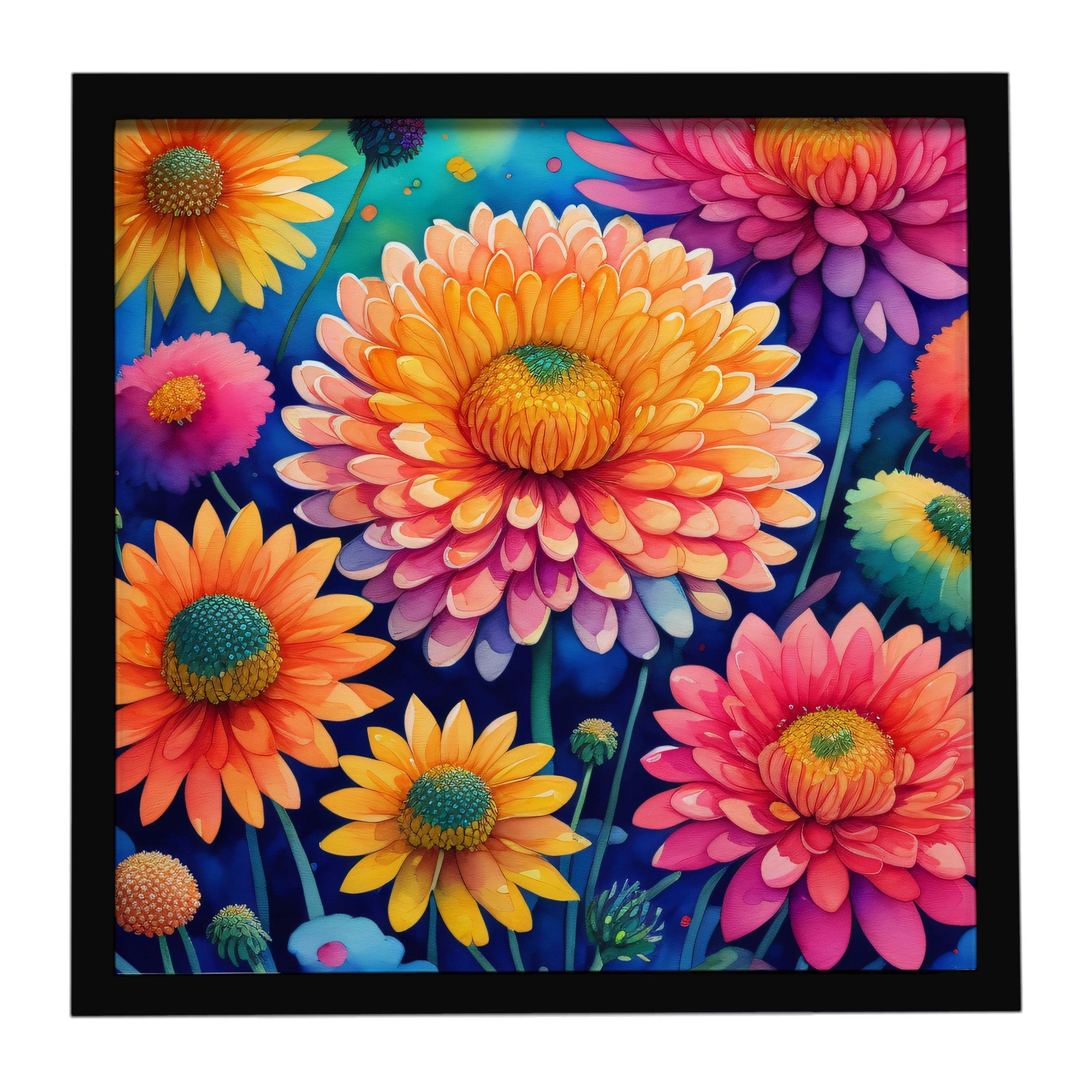Colorful Chrysanthemums Framed Metal Print Bathroom, Kitchen, Office, Home Decor Wall Art Ready to Hang, Square, 8X8