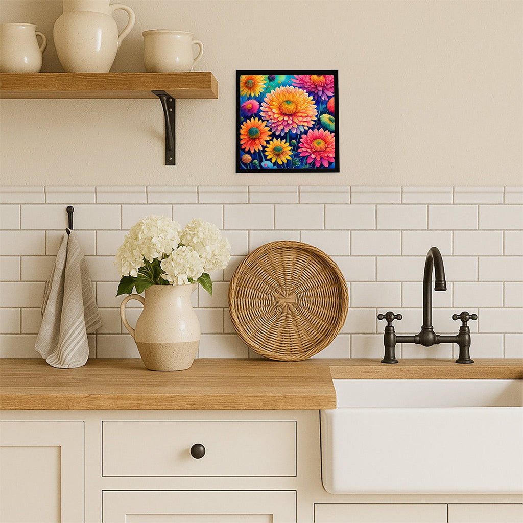 Colorful Chrysanthemums Framed Metal Print Bathroom, Kitchen, Office, Home Decor Wall Art Ready to Hang, Square, 8X8
