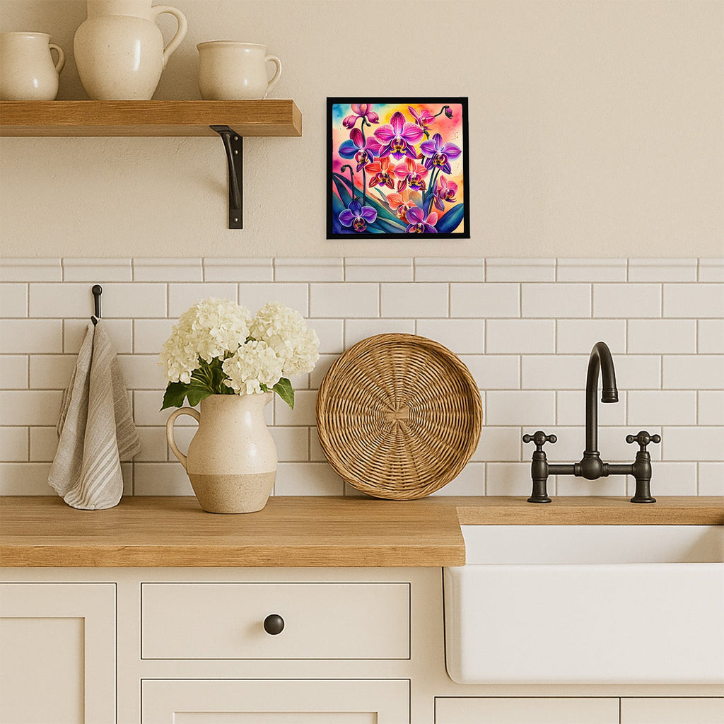 Colorful Orchids Framed Metal Print Bathroom, Kitchen, Office, Home Decor Wall Art Ready to Hang, Square, 8X8