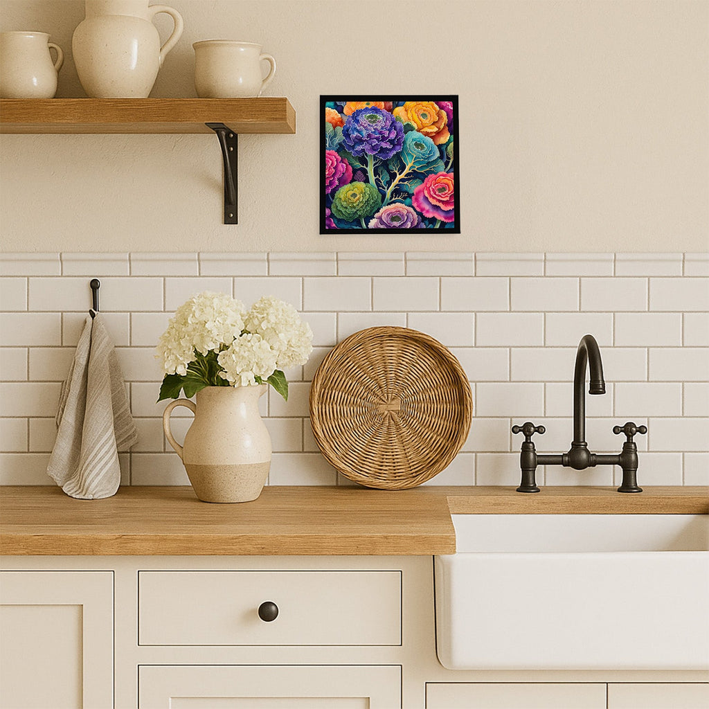 Colorful Ornamental Kale Framed Metal Print Bathroom, Kitchen, Office, Home Decor Wall Art Ready to Hang, Square, 8X8