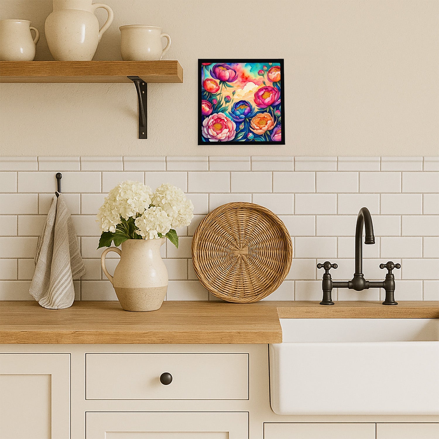 Colorful Peonies Framed Metal Print Bathroom, Kitchen, Office, Home Decor Wall Art Ready to Hang, Square, 8X8