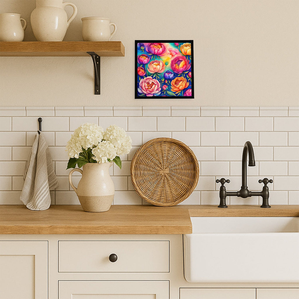 Colorful Peonies Framed Metal Print Bathroom, Kitchen, Office, Home Decor Wall Art Ready to Hang, Square, 8X8