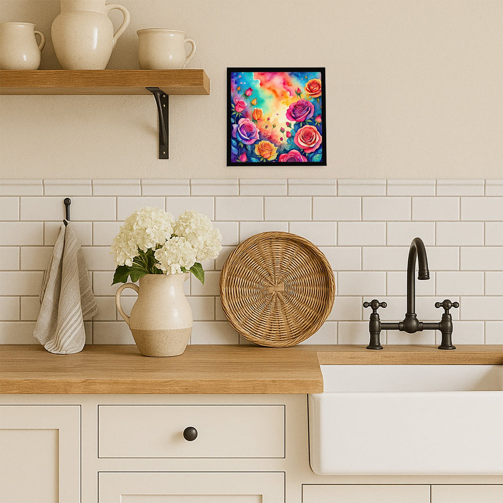 Colorful Roses Framed Metal Print Bathroom, Kitchen, Office, Home Decor Wall Art Ready to Hang, Square, 8X8