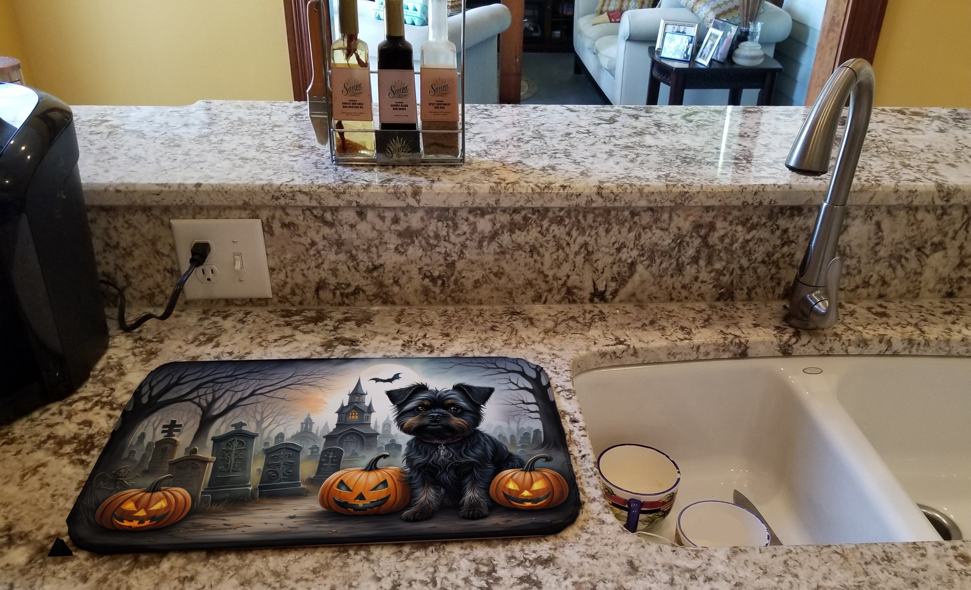 Affenpinscher Spooky Halloween Dish Drying Mat Absorbent Dish Drying Mat Pad for Kitchen Counter Dish Drainer Mat for Countertop, 14 x 21", Multicolor