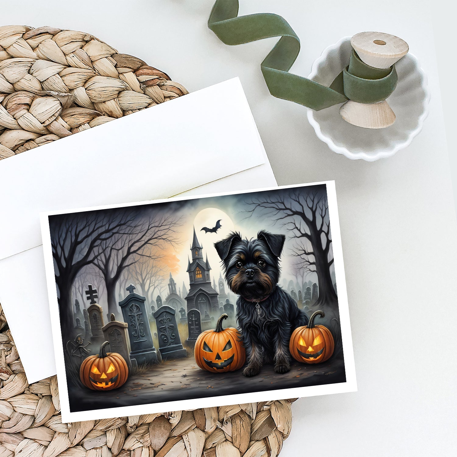 Affenpinscher Spooky Halloween Greeting Cards Pack of 8 Blank Cards with Envelopes Whimsical A7 Size 5x7