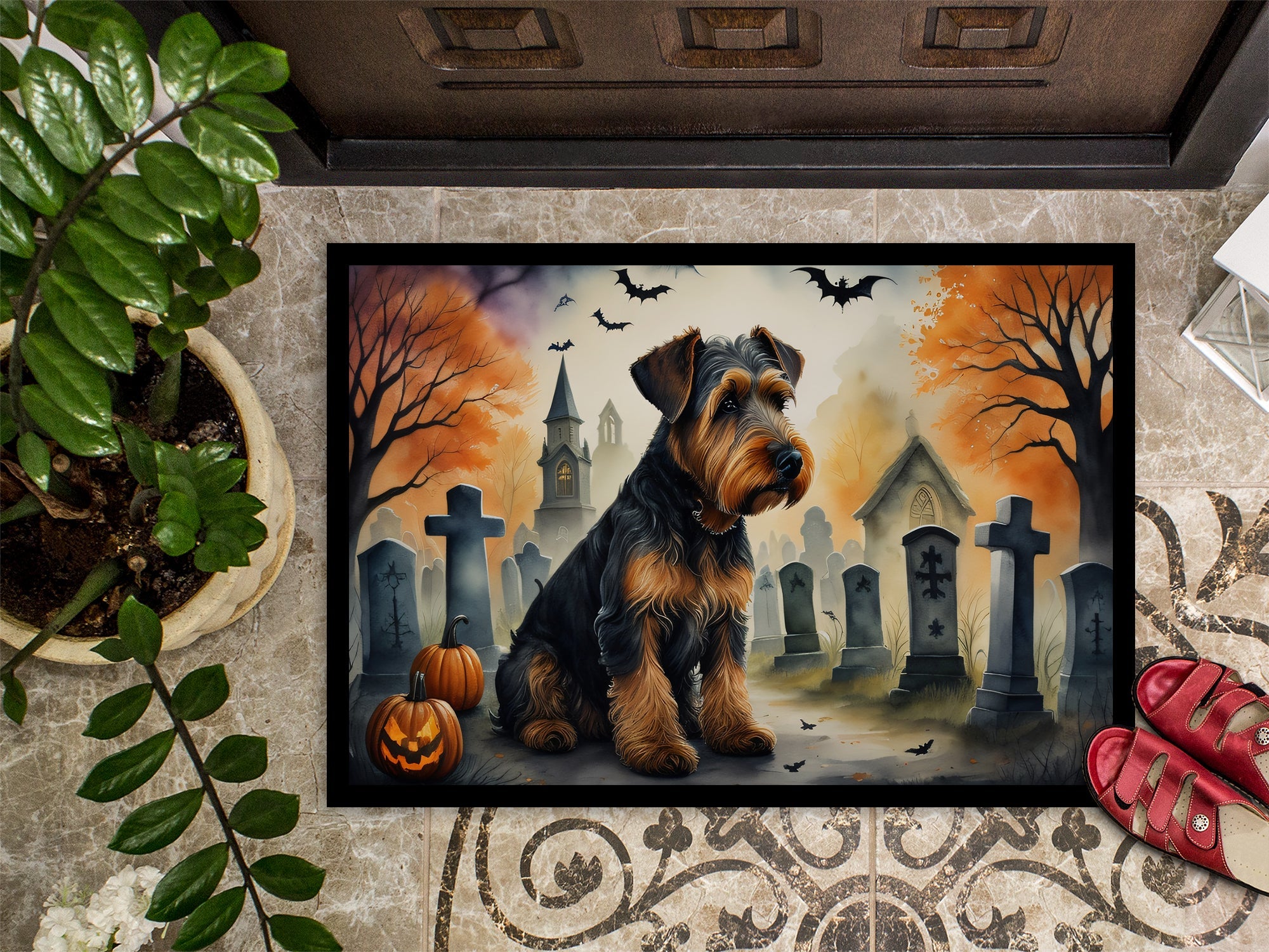 Airedale Terrier Spooky Halloween Doormat Indoor Outdoor 24H X 36W Front Door Mat Rugs for Entryway, Non Slip Washable Low Pile,