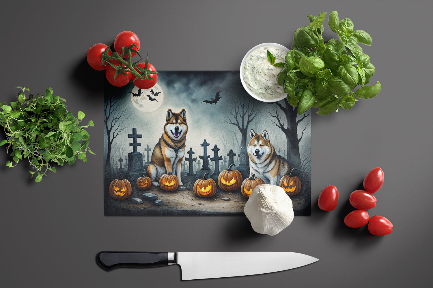 Akita Spooky Halloween Cutting Board Tempered Glass Kitchen Cutting Surface, Heat Resistant Chopping, Non-Slip Feet, Food Prep & Serving