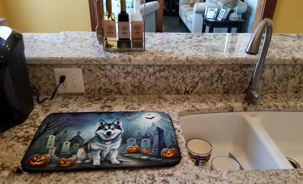 Alaskan Malamute Spooky Halloween Dish Drying Mat Absorbent Dish Drying Mat Pad for Kitchen Counter Dish Drainer Mat for Countertop, 14 x 21", Multicolor
