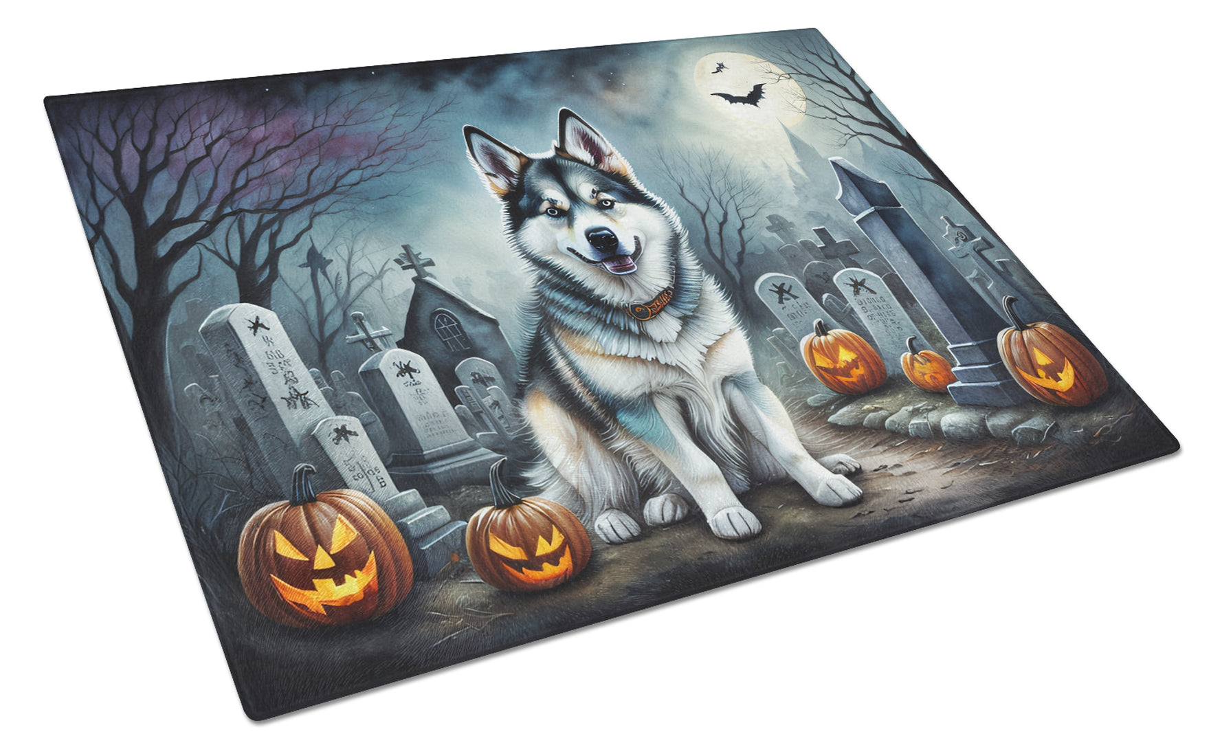 Alaskan Malamute Spooky Halloween Cutting Board Tempered Glass Kitchen Cutting Surface, Heat Resistant Chopping, Non-Slip Feet, Food Prep & Serving
