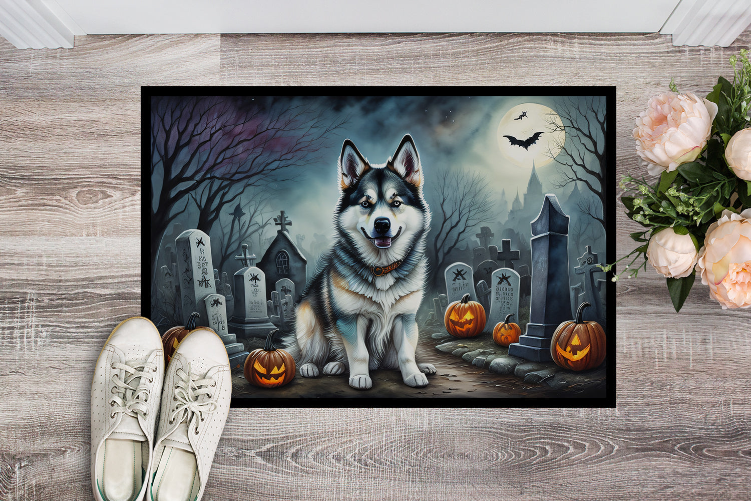 Alaskan Malamute Spooky Halloween Doormat Indoor Outdoor 18H X 27W Front Door Mat Rugs for Entryway, Non Slip Washable