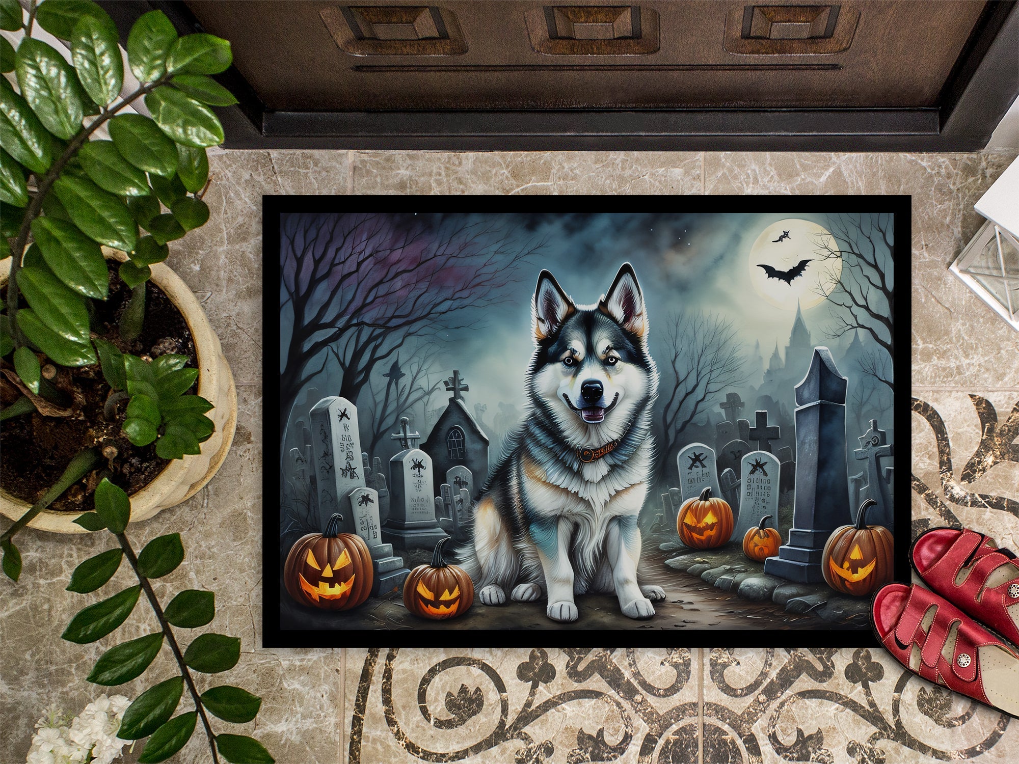 Alaskan Malamute Spooky Halloween Doormat Indoor Outdoor 18H X 27W Front Door Mat Rugs for Entryway, Non Slip Washable