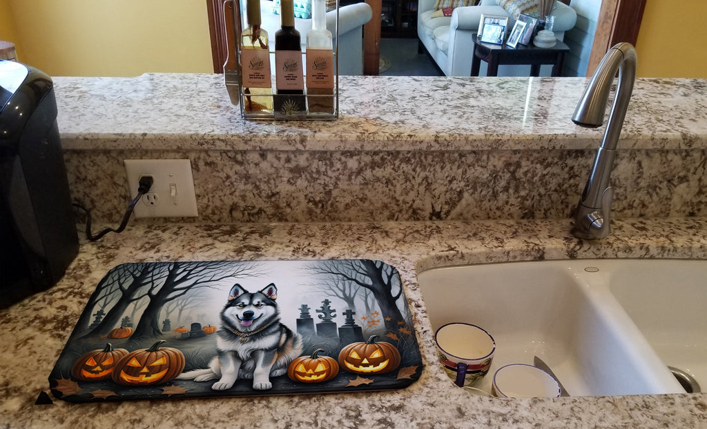 Alaskan Malamute Spooky Halloween Dish Drying Mat Absorbent Dish Drying Mat Pad for Kitchen Counter Dish Drainer Mat for Countertop, 14 x 21", Multicolor