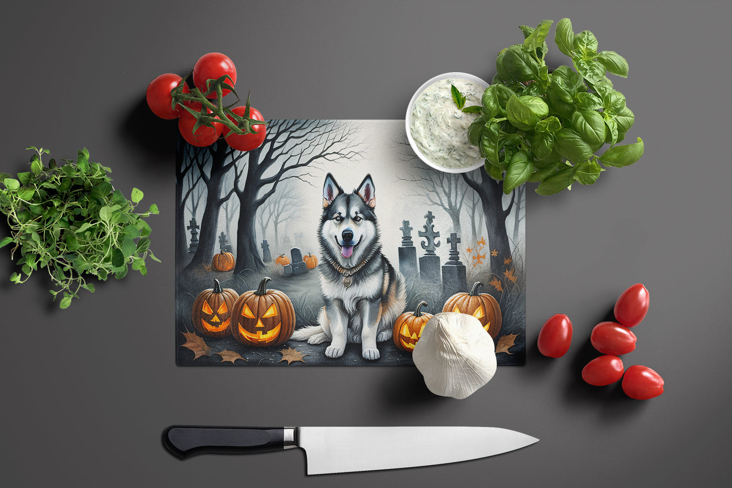 Alaskan Malamute Spooky Halloween Cutting Board Tempered Glass Kitchen Cutting Surface, Heat Resistant Chopping, Non-Slip Feet, Food Prep & Serving