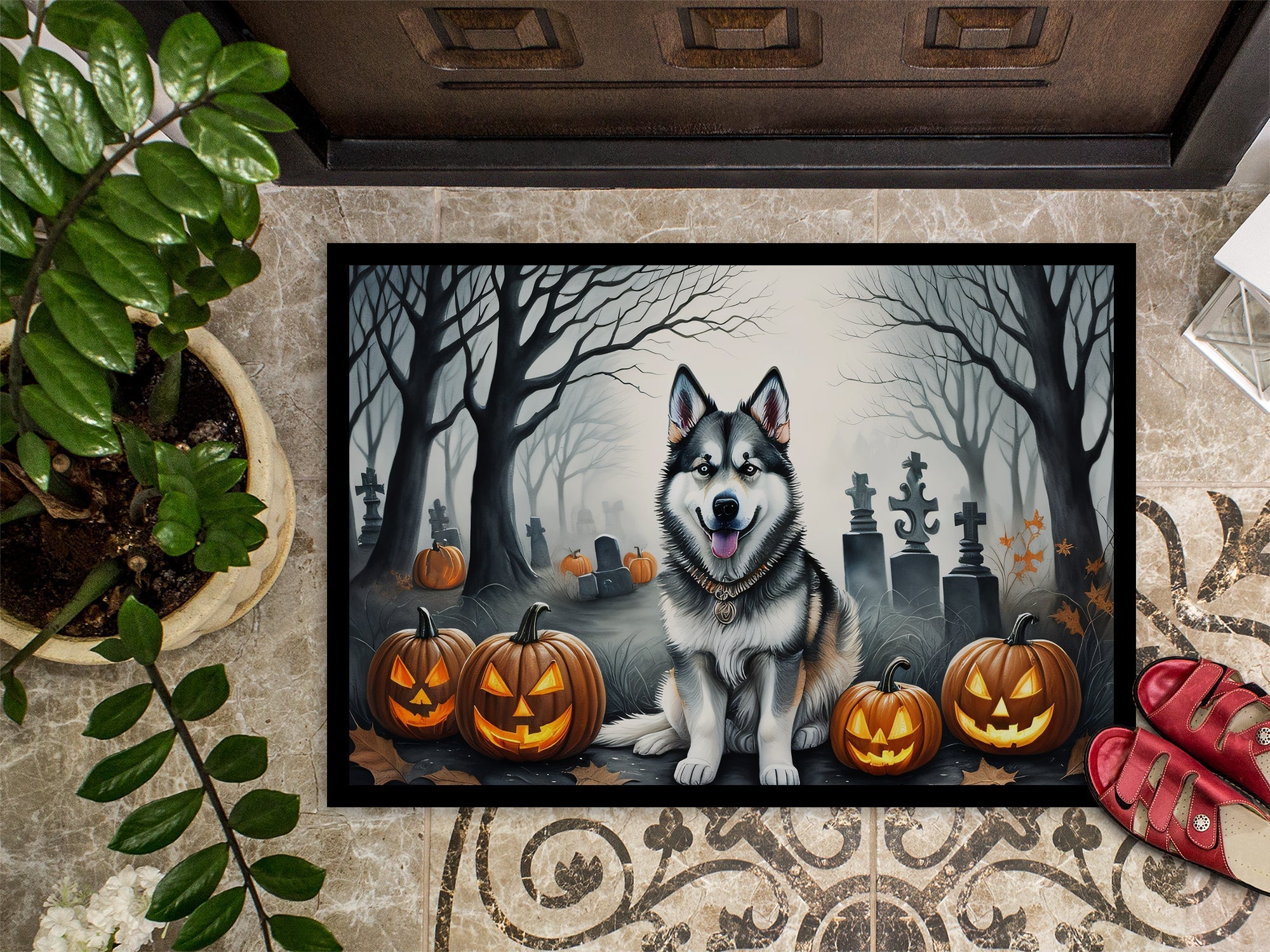Alaskan Malamute Spooky Halloween Doormat Indoor Outdoor 18H X 27W Front Door Mat Rugs for Entryway, Non Slip Washable