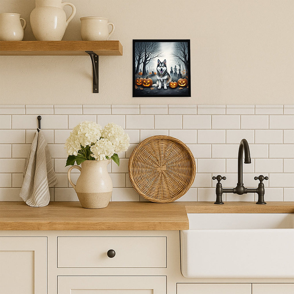 Alaskan Malamute Spooky Halloween Framed Metal Print Bathroom, Kitchen, Office, Home Decor Wall Art Ready to Hang, Square, 8X8