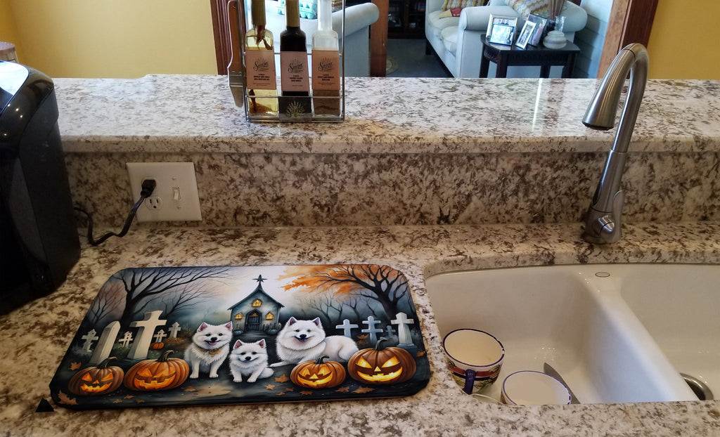 American Eskimo Spooky Halloween Dish Drying Mat Absorbent Dish Drying Mat Pad for Kitchen Counter Dish Drainer Mat for Countertop, 14 x 21", Multicolor