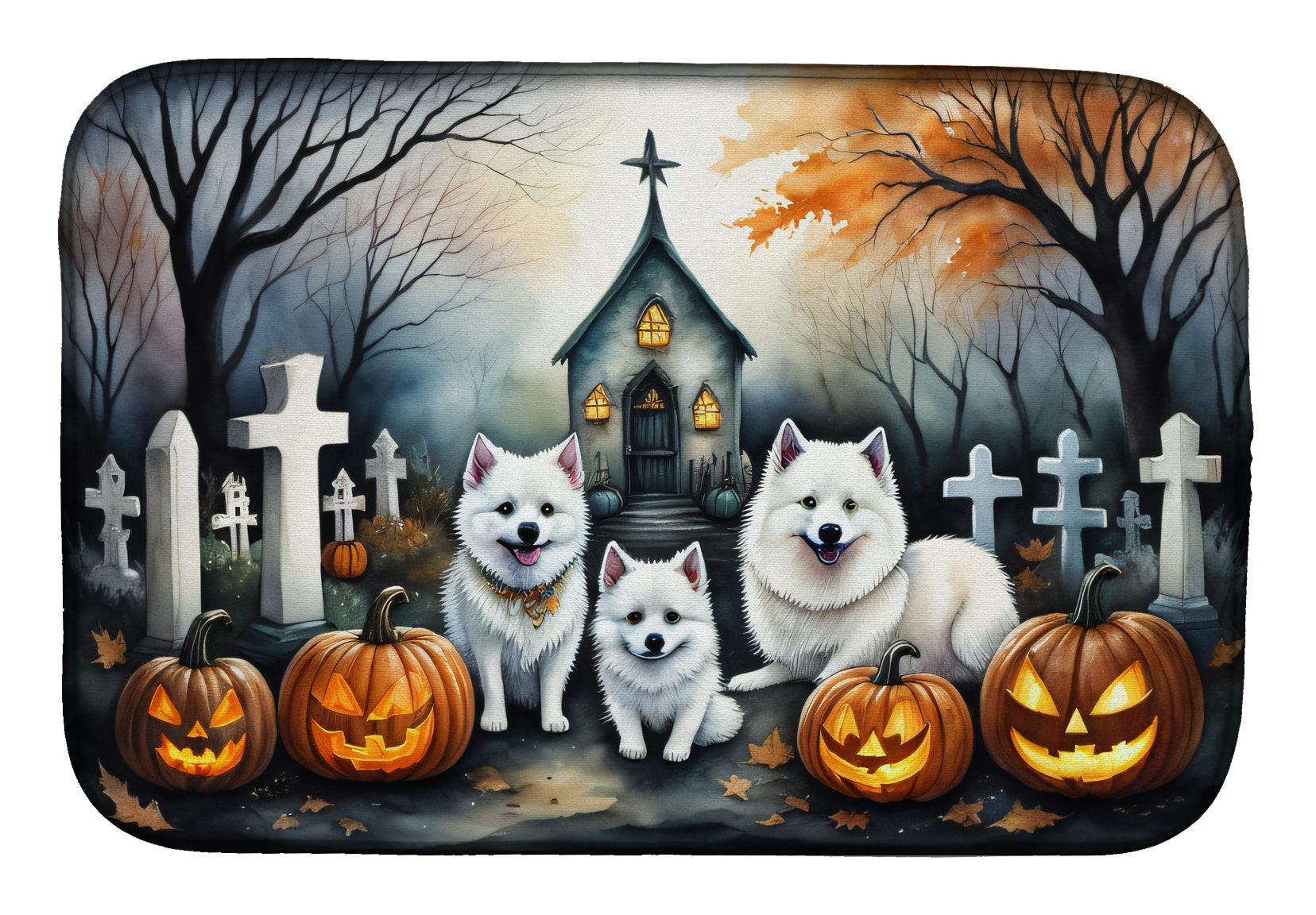 American Eskimo Spooky Halloween Dish Drying Mat Absorbent Dish Drying Mat Pad for Kitchen Counter Dish Drainer Mat for Countertop, 14 x 21", Multicolor
