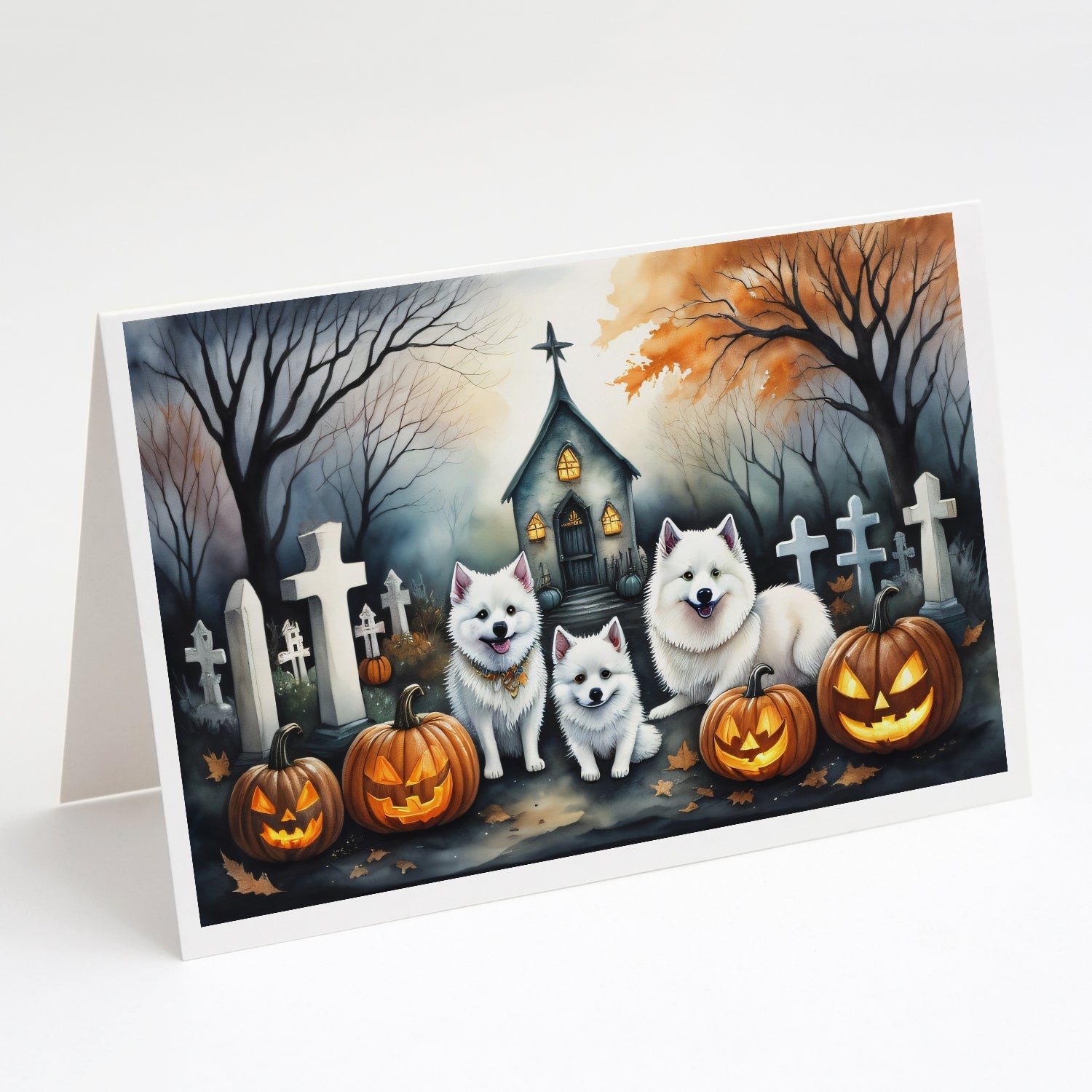 American Eskimo Spooky Halloween Greeting Cards Pack of 8 Blank Cards with Envelopes Whimsical A7 Size 5x7