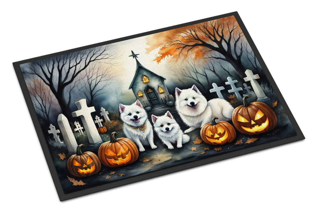 American Eskimo Spooky Halloween Doormat Indoor Outdoor 24H X 36W Front Door Mat Rugs for Entryway, Non Slip Washable Low Pile,