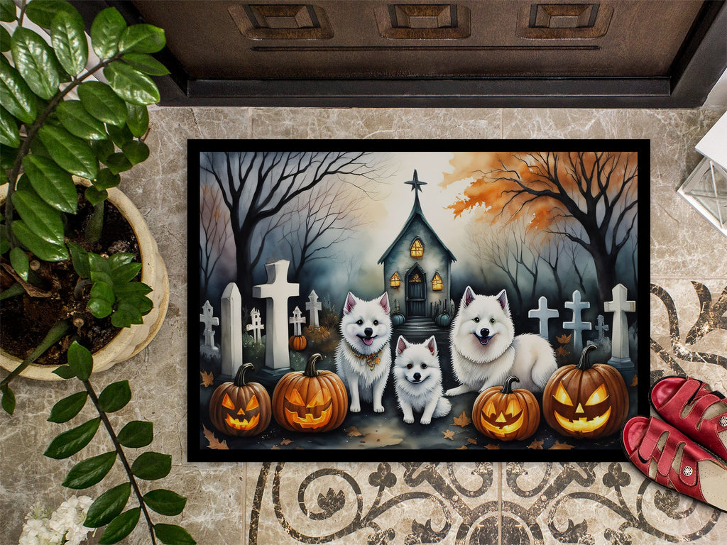 American Eskimo Spooky Halloween Doormat Indoor Outdoor 24H X 36W Front Door Mat Rugs for Entryway, Non Slip Washable Low Pile,
