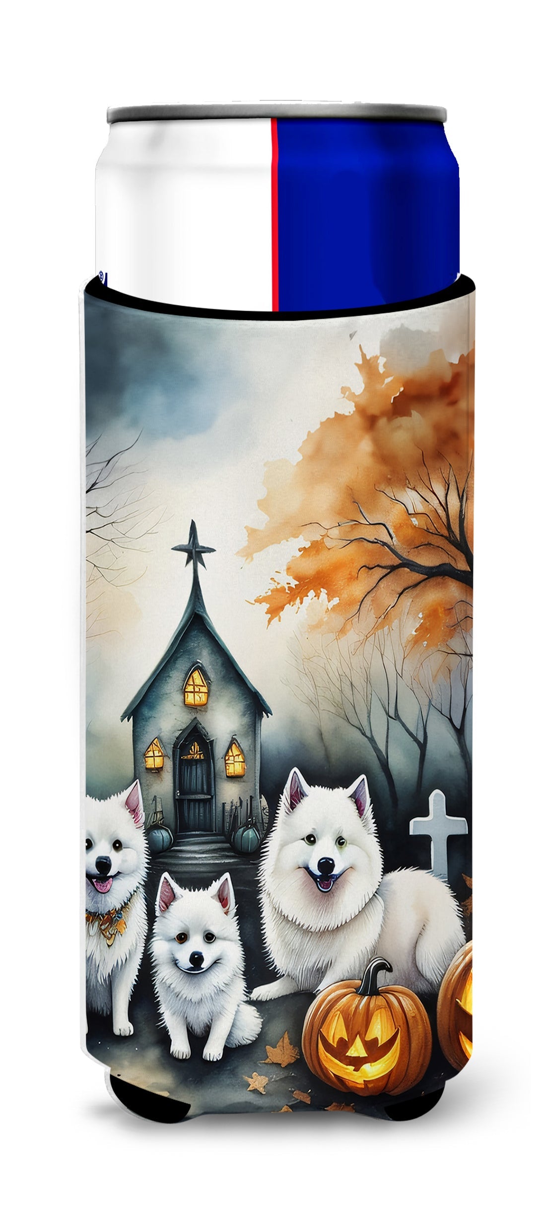 American Eskimo Spooky Halloween Slim Can Hugger , Insulated Foam Hugger for 12 oz Slim Cans, Beer Bottles & Water Bottles, Printed in USA