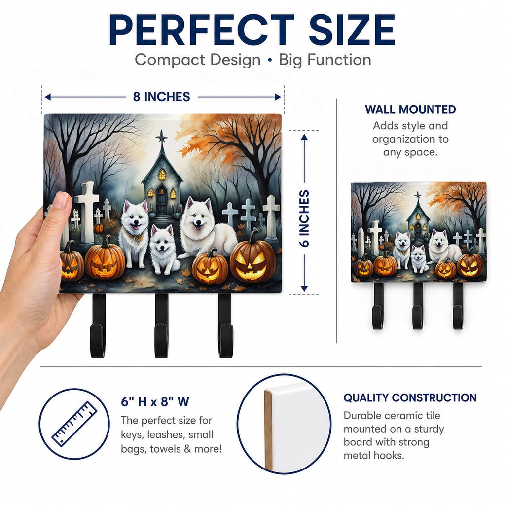 American Eskimo Spooky Halloween Leash or Key Holder Wall Hooks, Coat Rack Wall Mount, for Hanging Keys, Towels, Aprons, Leashes