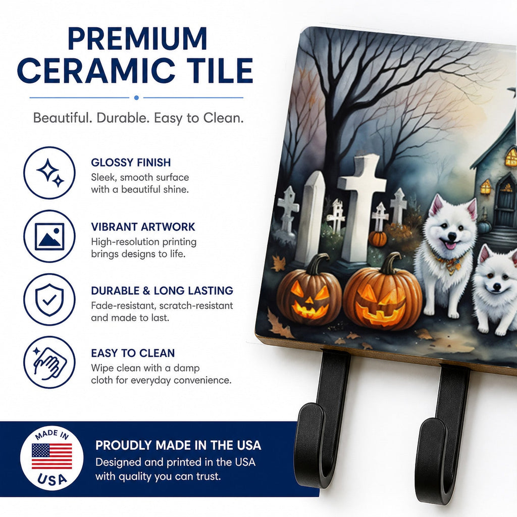 American Eskimo Spooky Halloween Leash or Key Holder Wall Hooks, Coat Rack Wall Mount, for Hanging Keys, Towels, Aprons, Leashes