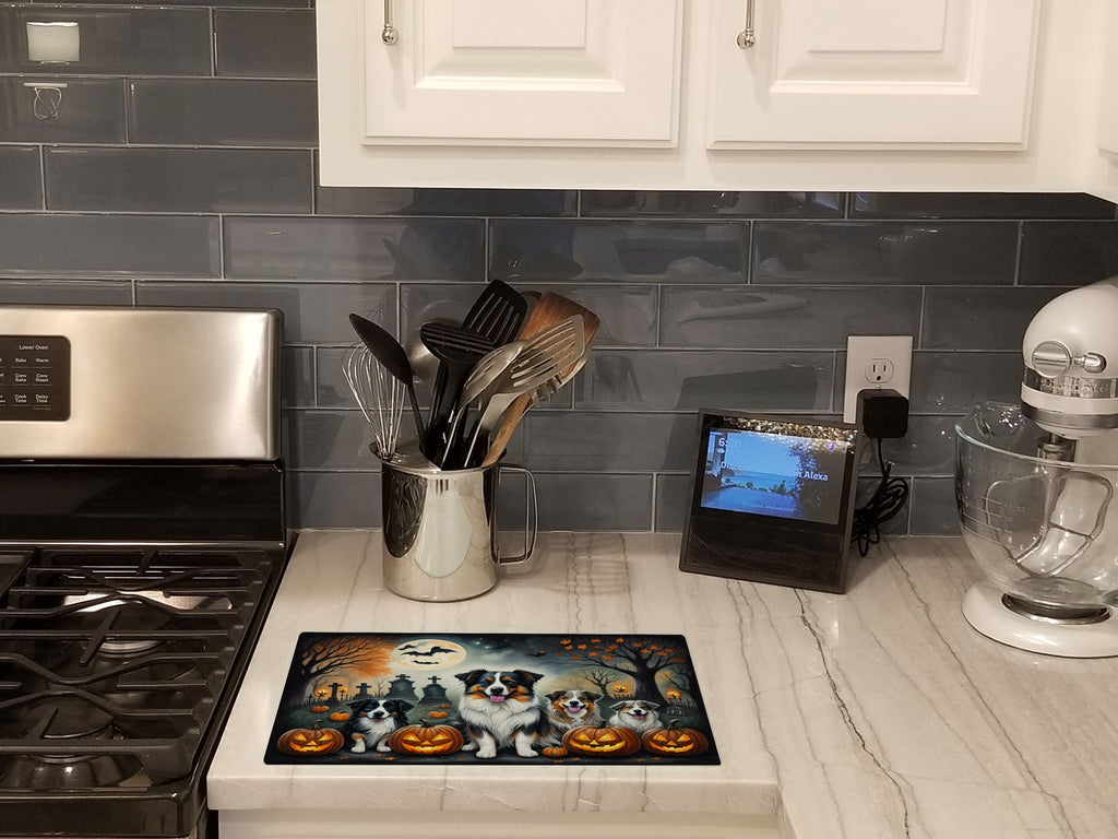 Australian Shepherd Spooky Halloween Cutting Board Tempered Glass Kitchen Cutting Surface, Heat Resistant Chopping, Non-Slip Feet, Food Prep & Serving
