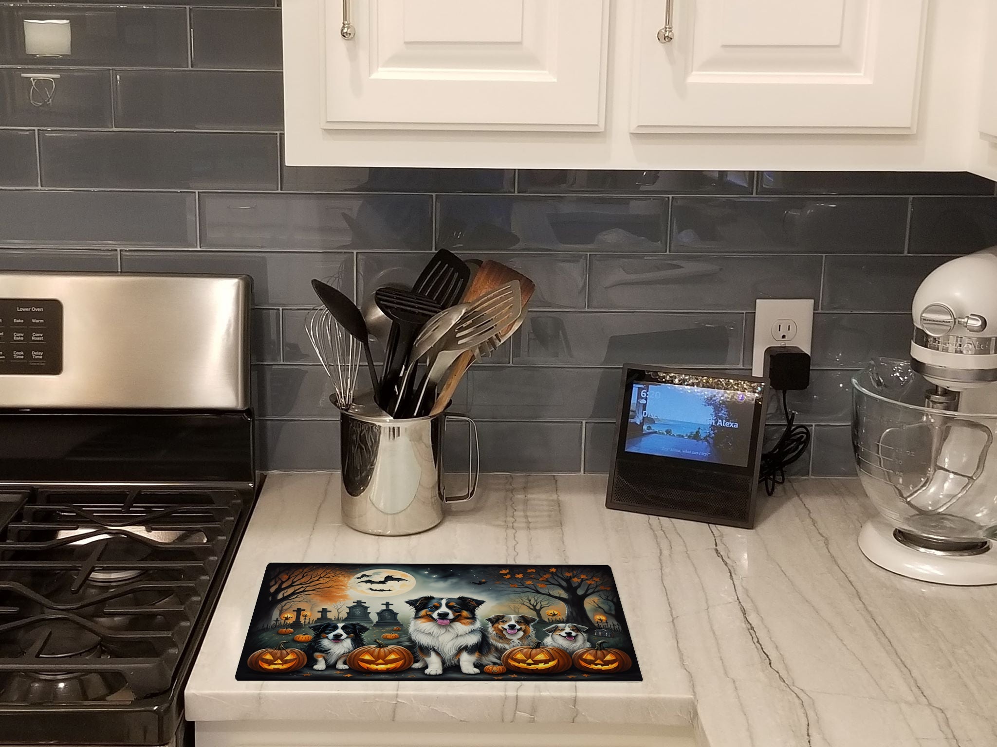 Australian Shepherd Spooky Halloween Cutting Board Tempered Glass Kitchen Cutting Surface, Heat Resistant Chopping, Non-Slip Feet, Food Prep & Serving