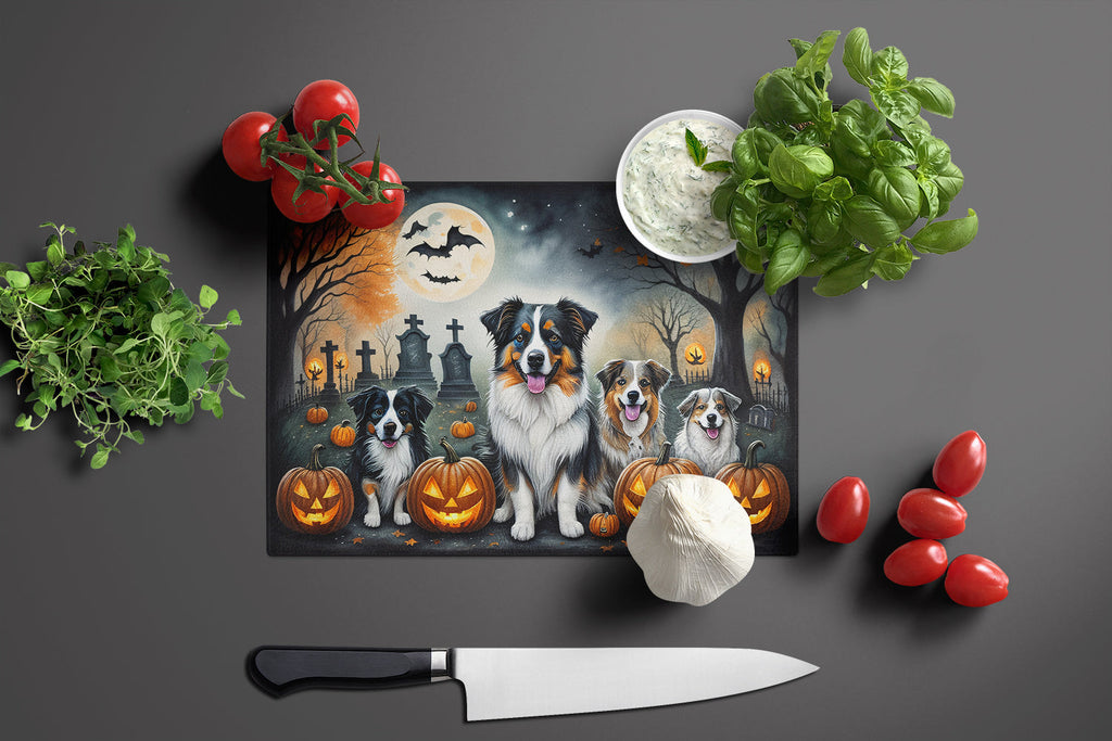Australian Shepherd Spooky Halloween Cutting Board Tempered Glass Kitchen Cutting Surface, Heat Resistant Chopping, Non-Slip Feet, Food Prep & Serving