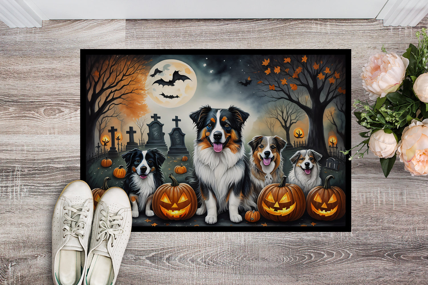 Australian Shepherd Spooky Halloween Doormat Indoor Outdoor 18H X 27W Front Door Mat Rugs for Entryway, Non Slip Washable