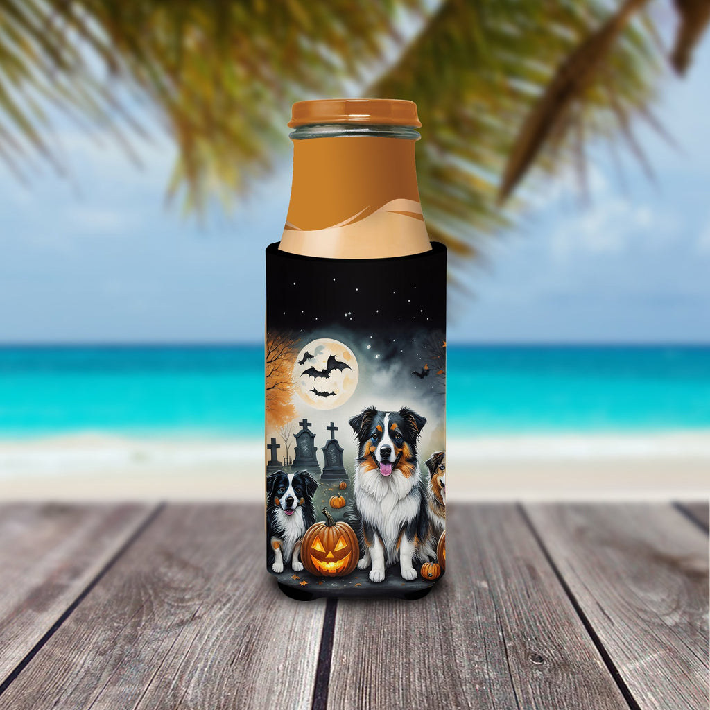 Australian Shepherd Spooky Halloween Slim Can Hugger , Insulated Foam Hugger for 12 oz Slim Cans, Beer Bottles & Water Bottles, Printed in USA