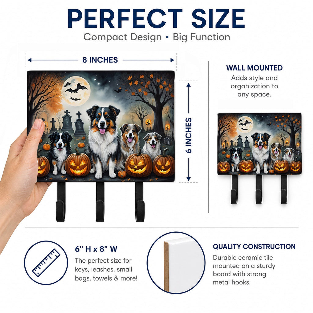 Australian Shepherd Spooky Halloween Leash or Key Holder Wall Hooks, Coat Rack Wall Mount, for Hanging Keys, Towels, Aprons, Leashes