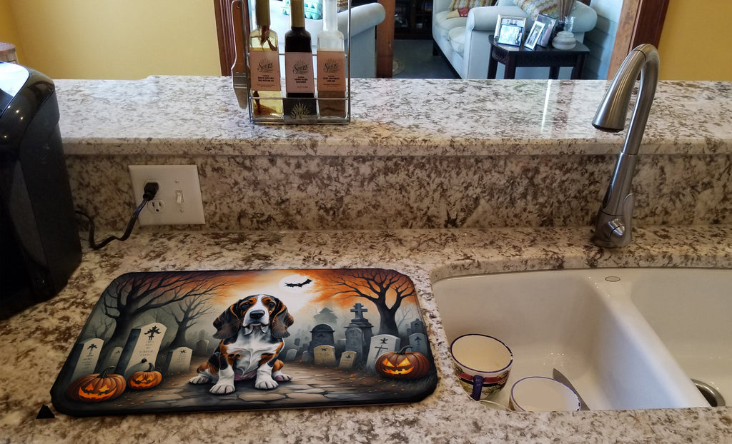 Basset Hound Spooky Halloween Dish Drying Mat Absorbent Dish Drying Mat Pad for Kitchen Counter Dish Drainer Mat for Countertop, 14 x 21", Multicolor
