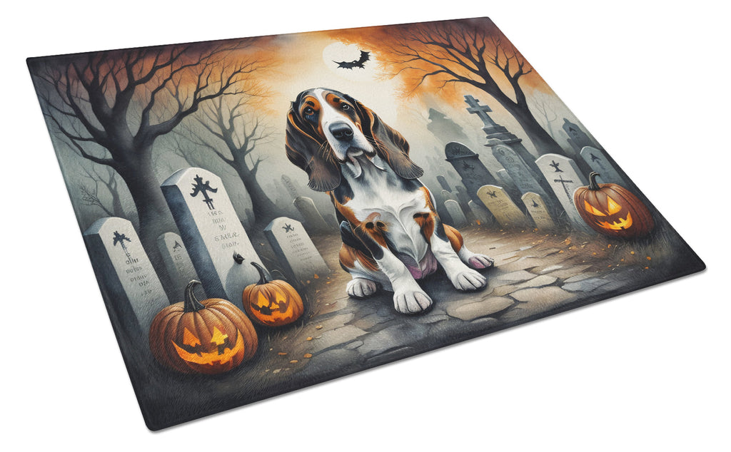 Basset Hound Spooky Halloween Cutting Board Tempered Glass Kitchen Cutting Surface, Heat Resistant Chopping, Non-Slip Feet, Food Prep & Serving