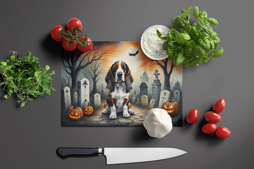 Basset Hound Spooky Halloween Cutting Board Tempered Glass Kitchen Cutting Surface, Heat Resistant Chopping, Non-Slip Feet, Food Prep & Serving