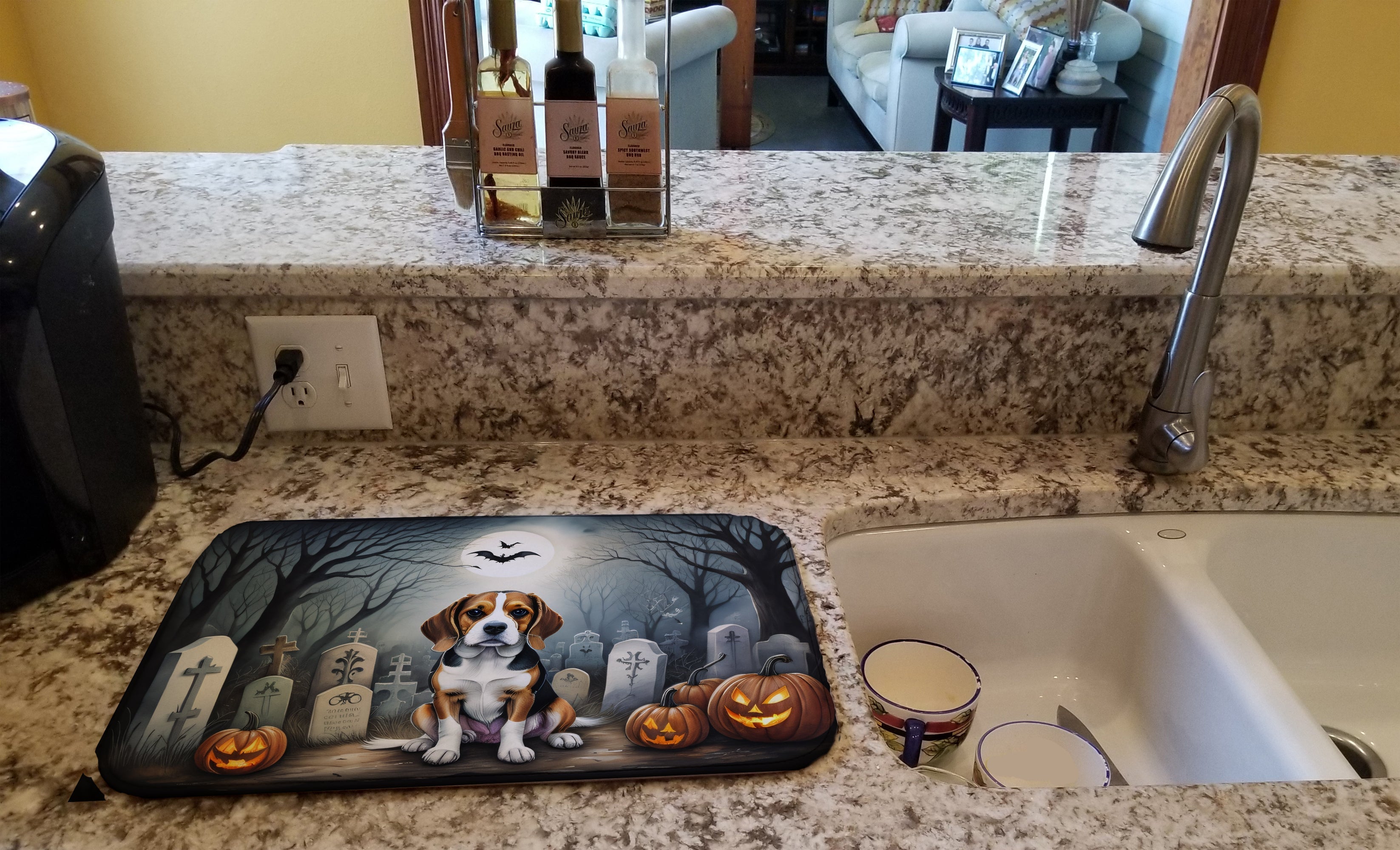 Beagle Spooky Halloween Dish Drying Mat Absorbent Dish Drying Mat Pad for Kitchen Counter Dish Drainer Mat for Countertop, 14 x 21", Multicolor