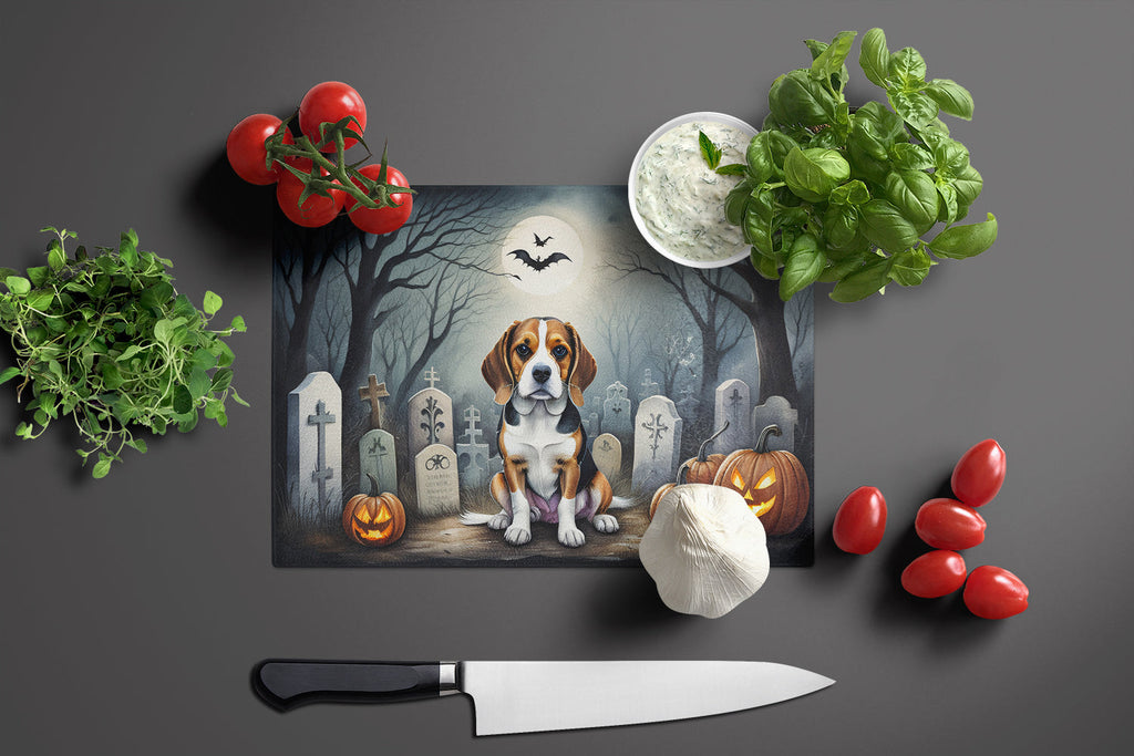 Beagle Spooky Halloween Cutting Board Tempered Glass Kitchen Cutting Surface, Heat Resistant Chopping, Non-Slip Feet, Food Prep & Serving