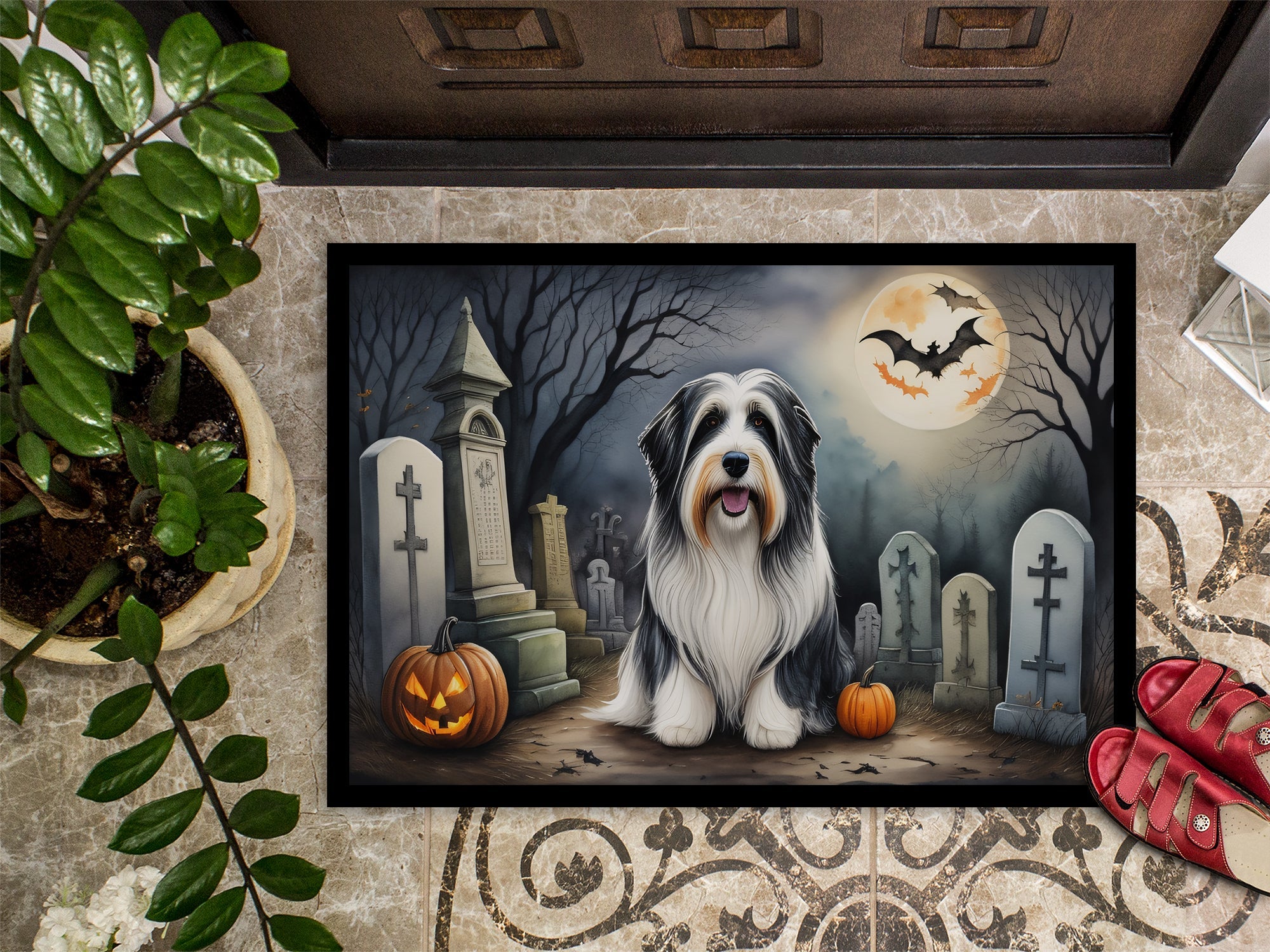 Bearded Collie Spooky Halloween Doormat Indoor Outdoor 18H X 27W Front Door Mat Rugs for Entryway, Non Slip Washable