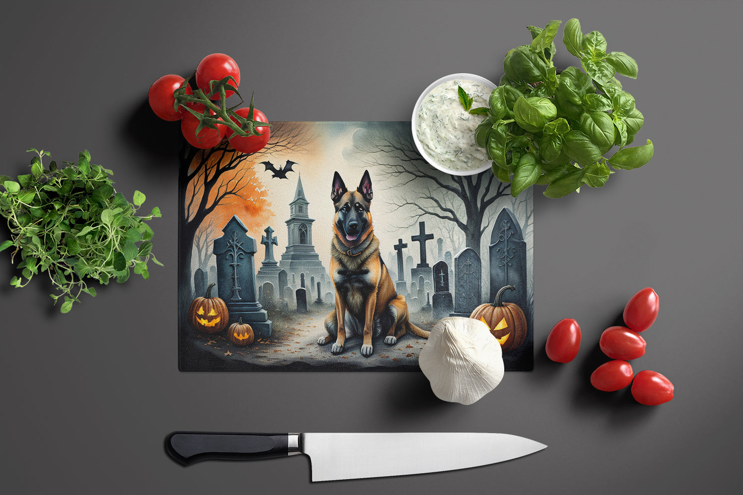 Belgian Malinois Spooky Halloween Cutting Board Tempered Glass Kitchen Cutting Surface, Heat Resistant Chopping, Non-Slip Feet, Food Prep & Serving
