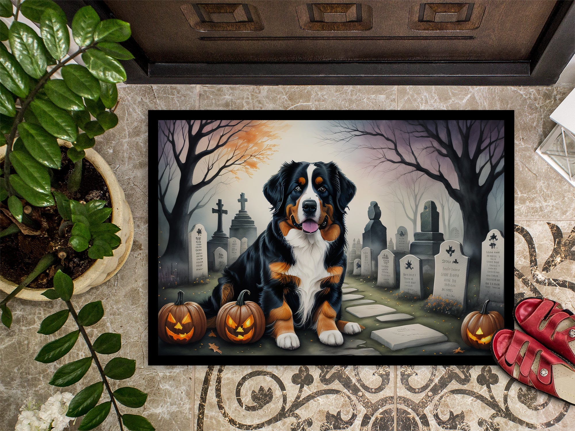 Bernese Mountain Dog Spooky Halloween Doormat Indoor Outdoor 18H X 27W Front Door Mat Rugs for Entryway, Non Slip Washable