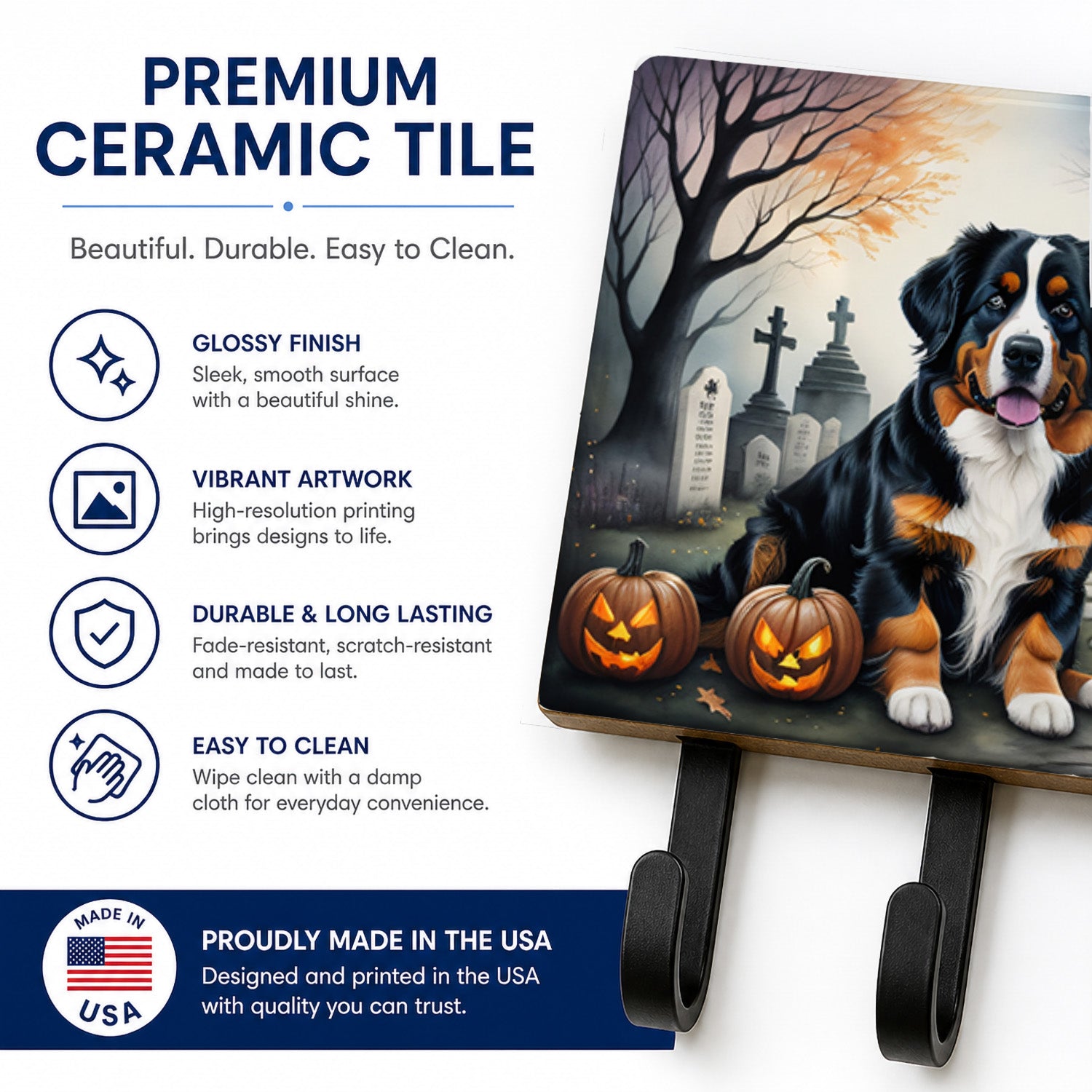 Bernese Mountain Dog Spooky Halloween Leash or Key Holder Wall Hooks, Coat Rack Wall Mount, for Hanging Keys, Towels, Aprons, Leashes