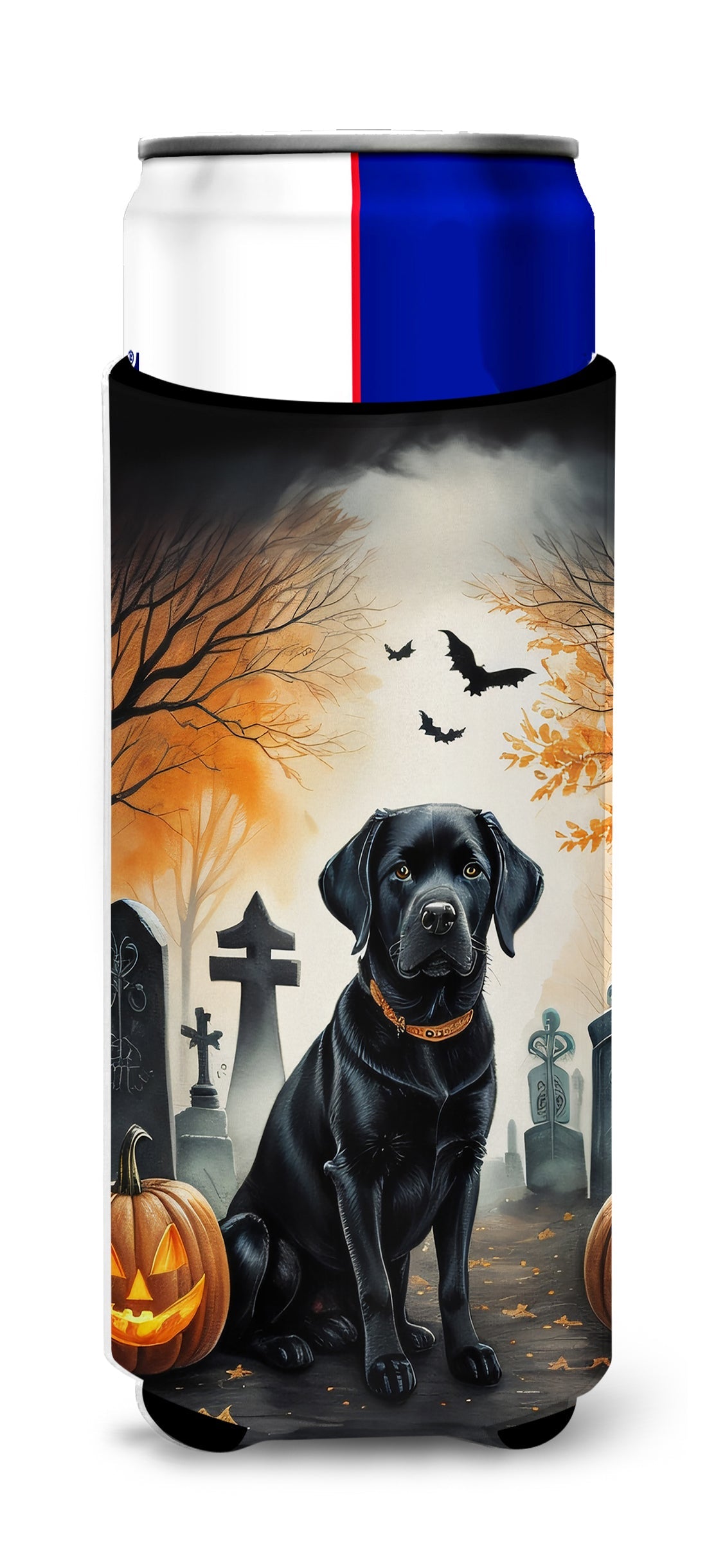 Black Labrador Retriever Spooky Halloween Slim Can Hugger , Insulated Foam Hugger for 12 oz Slim Cans, Beer Bottles & Water Bottles, Printed in USA