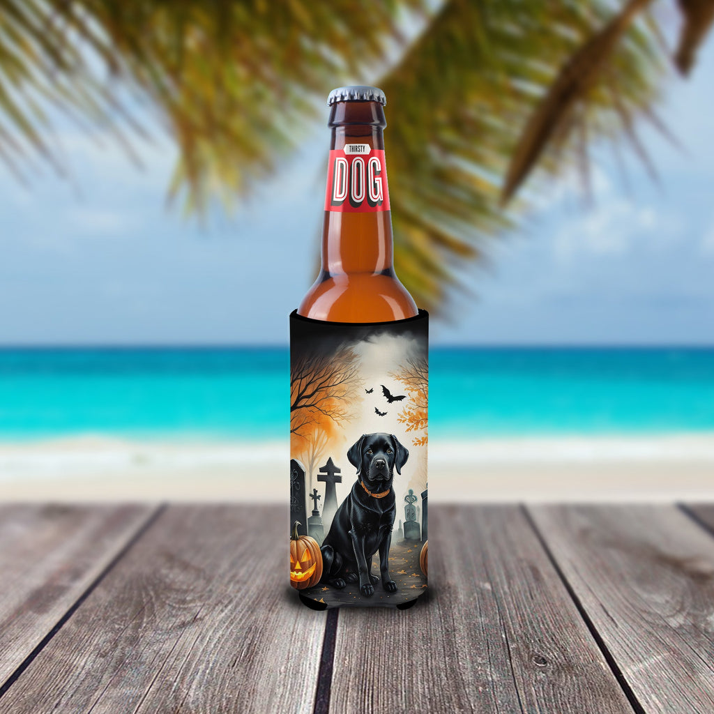 Black Labrador Retriever Spooky Halloween Slim Can Hugger , Insulated Foam Hugger for 12 oz Slim Cans, Beer Bottles & Water Bottles, Printed in USA