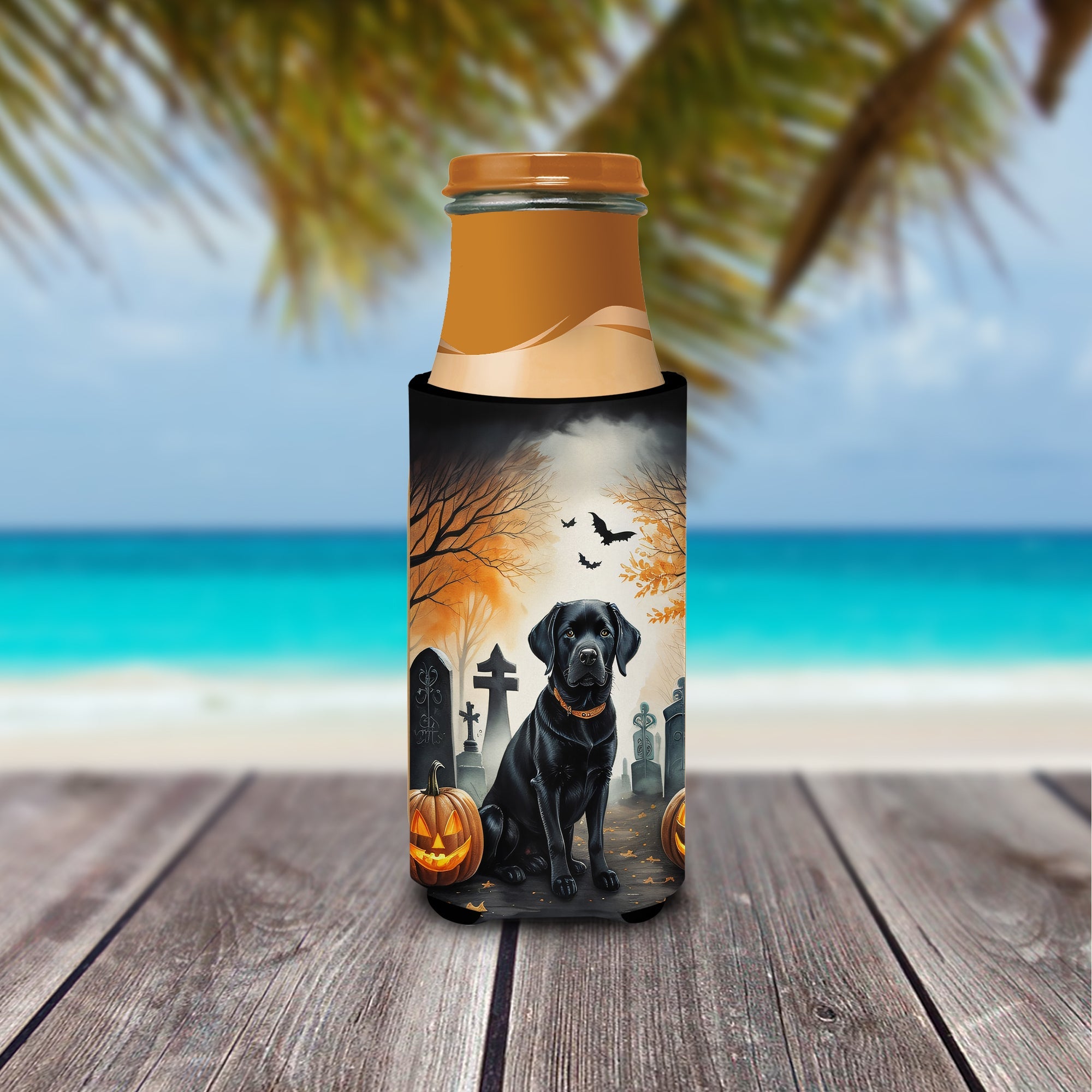 Black Labrador Retriever Spooky Halloween Slim Can Hugger , Insulated Foam Hugger for 12 oz Slim Cans, Beer Bottles & Water Bottles, Printed in USA