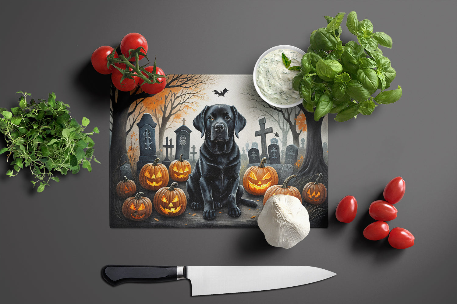 Black Labrador Retriever Spooky Halloween Cutting Board Tempered Glass Kitchen Cutting Surface, Heat Resistant Chopping, Non-Slip Feet, Food Prep & Serving